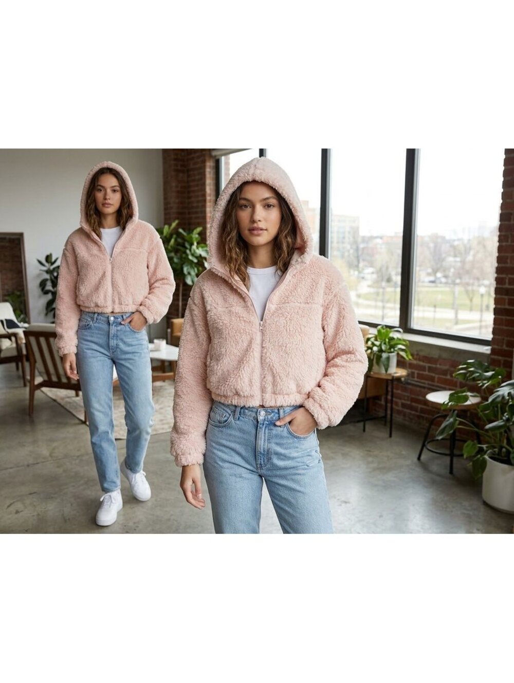 NWOT BDG Soft Pink Faux Fur Cropped Hoodie Jacket